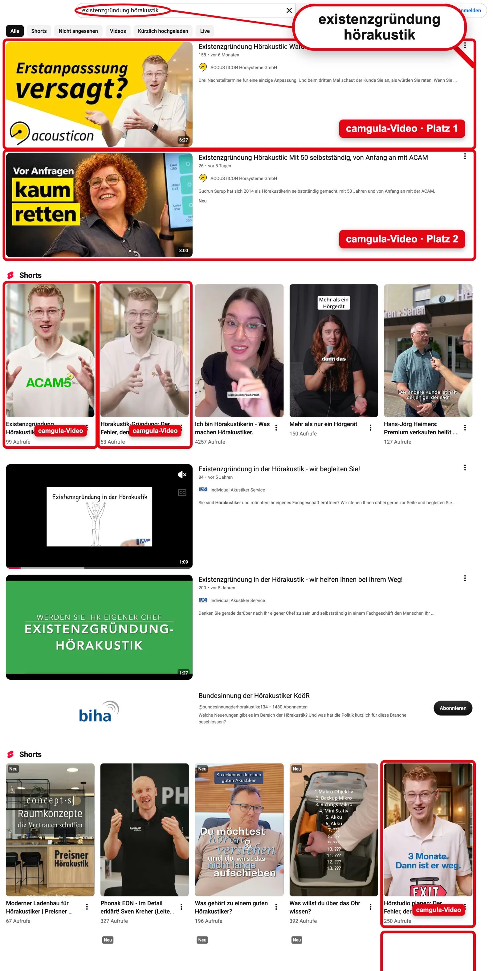 YouTube: Platz 1 und 2 für „existenzgründung hörakustik“