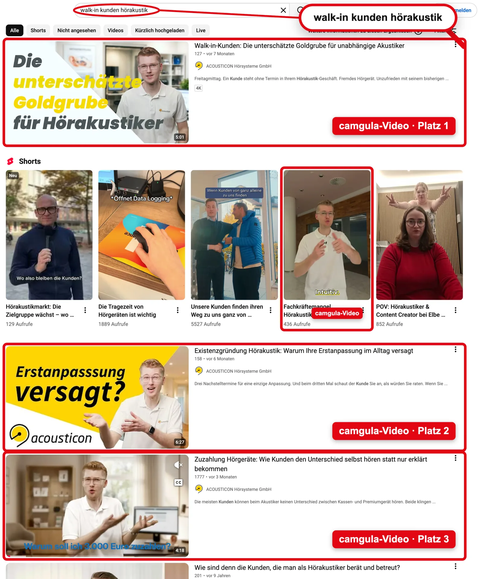YouTube: Platz 1 für „walk-in kunden hörakustik“