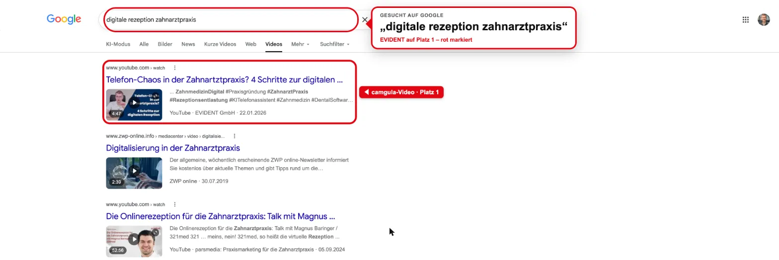 Google video search: rank #1 for “digitale rezeption zahnarztpraxis”