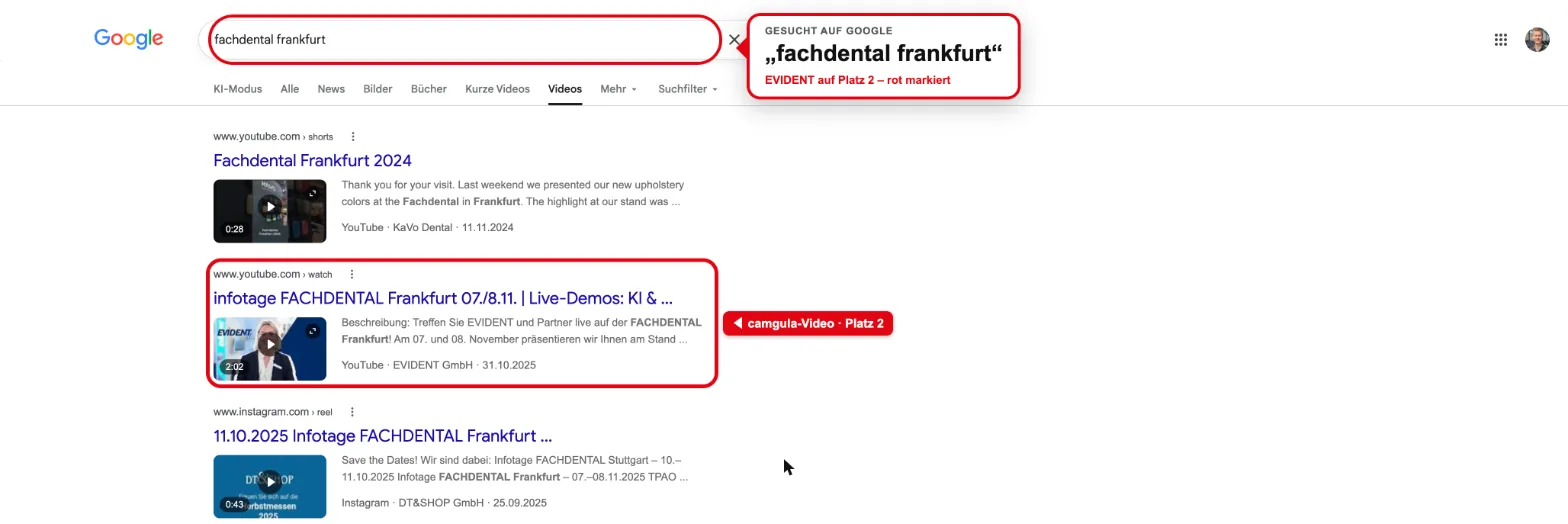 Google video search: Rank #2 for “fachdental frankfurt”