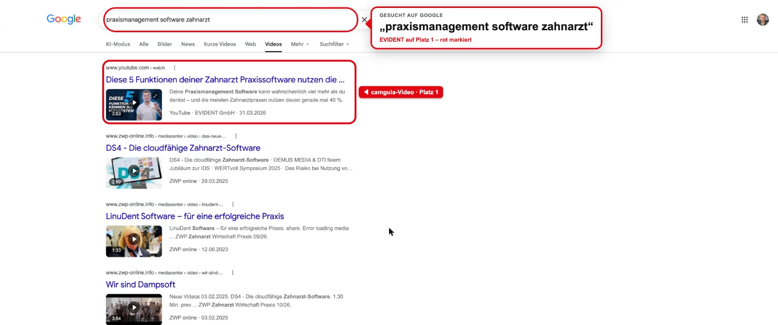 Google video search: rank #1 for “praxismanagement software zahnarzt”
