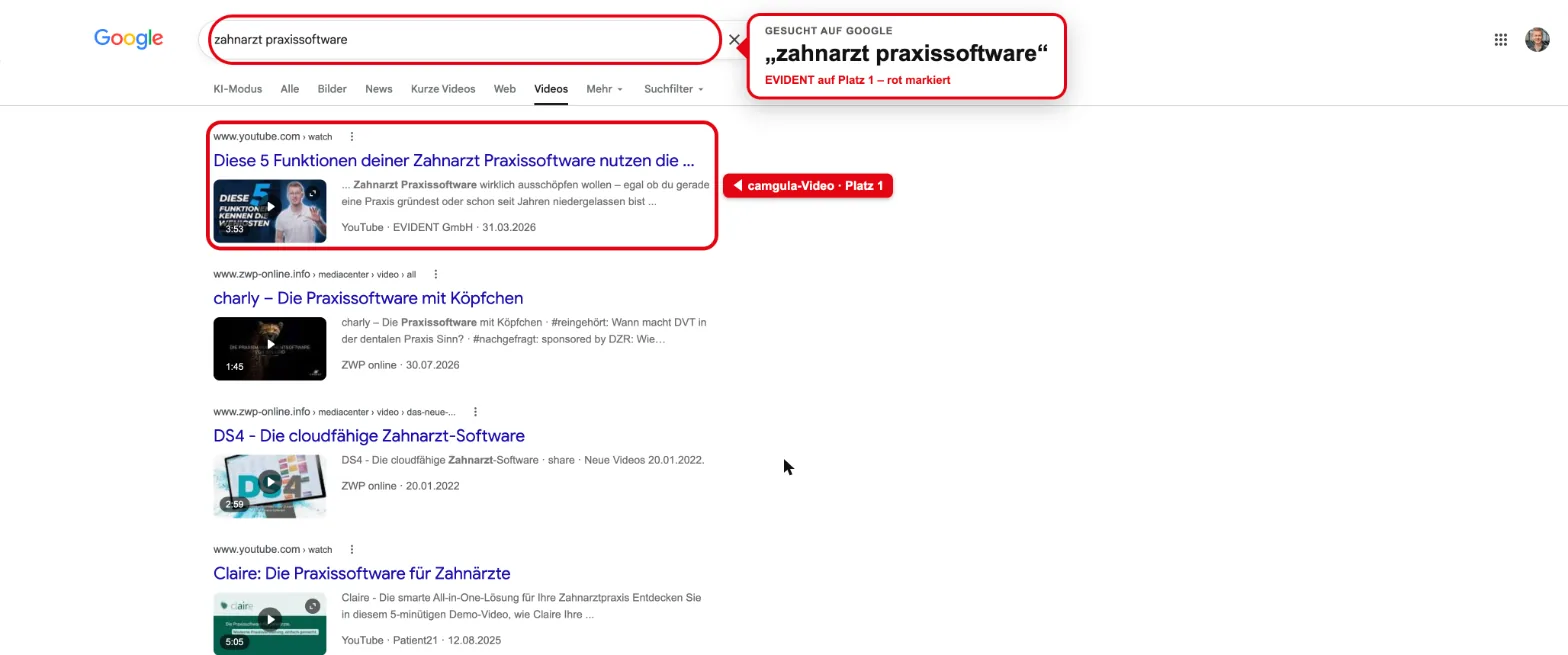 Google video search: rank #1 for “zahnarzt praxissoftware”