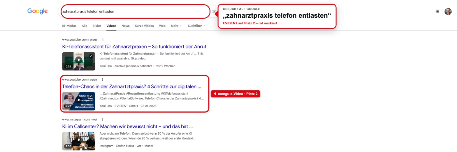 Google video search: Rank #2 for “zahnarztpraxis telefon entlasten”