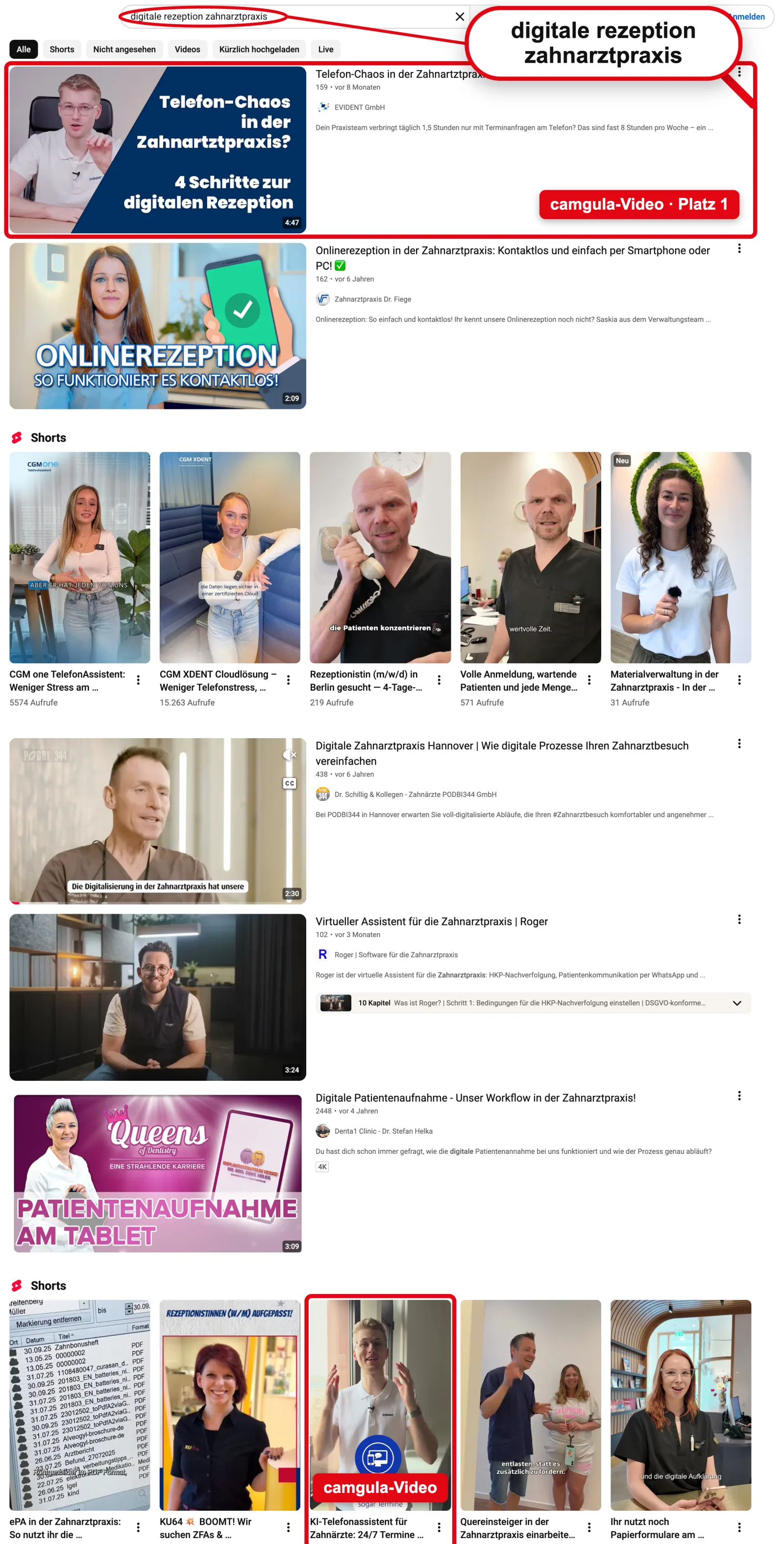 YouTube: Rank #1 for “digitale rezeption zahnarztpraxis”