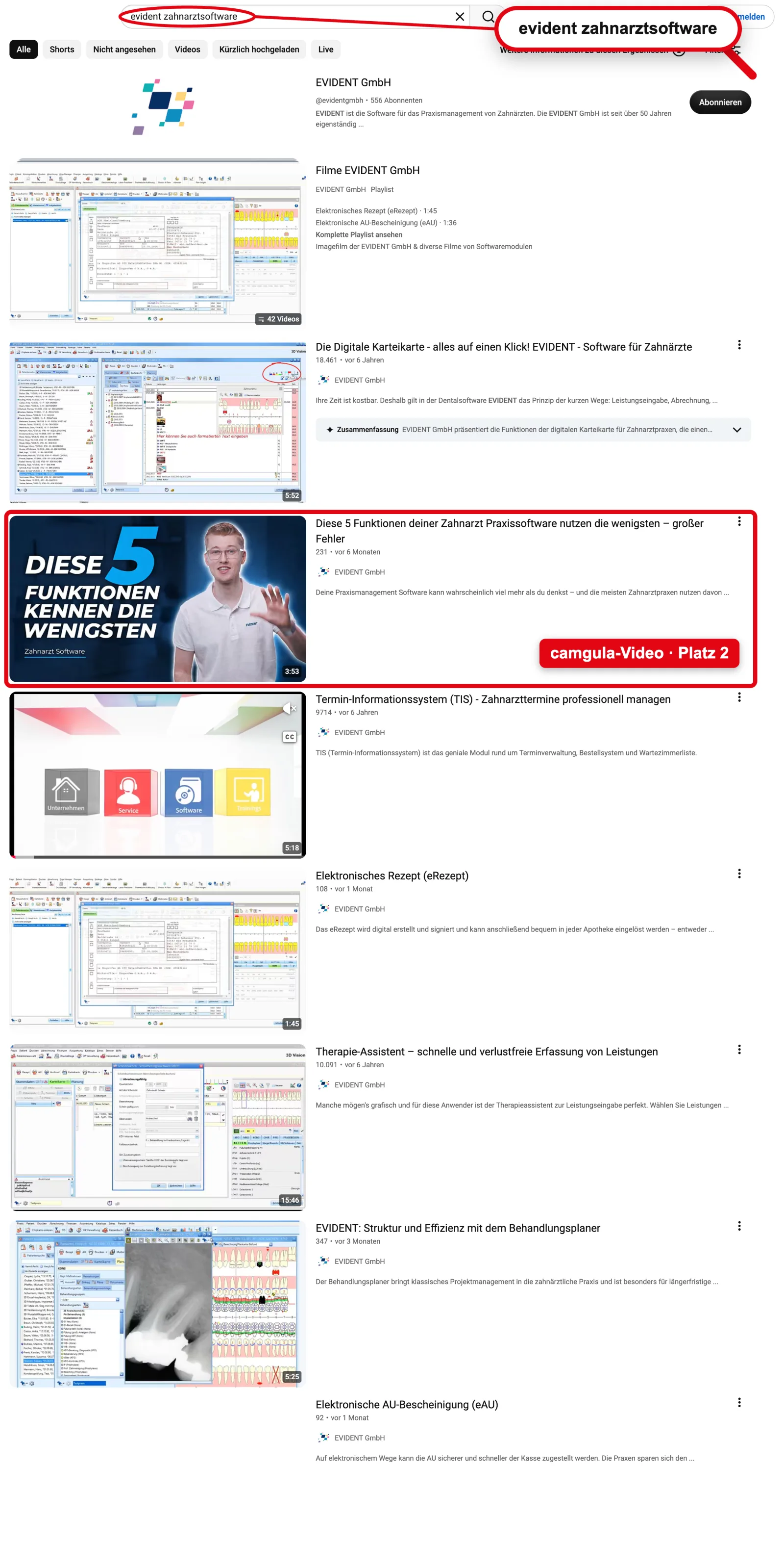 YouTube: Rank #3 for “evident zahnarztsoftware”