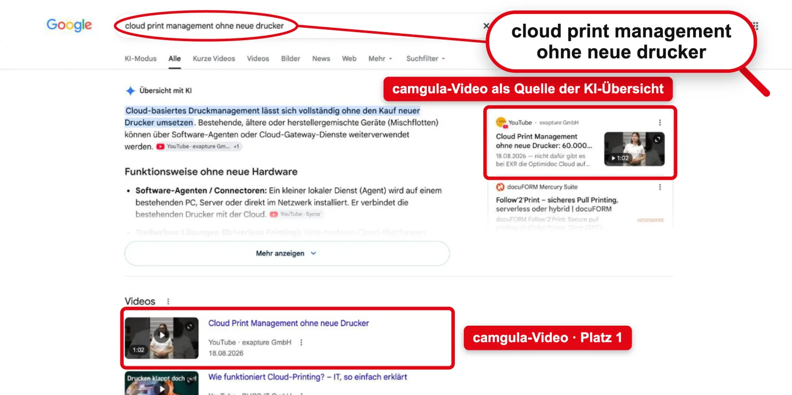 Google search “cloud print management ohne neue drucker”: #1 in videos