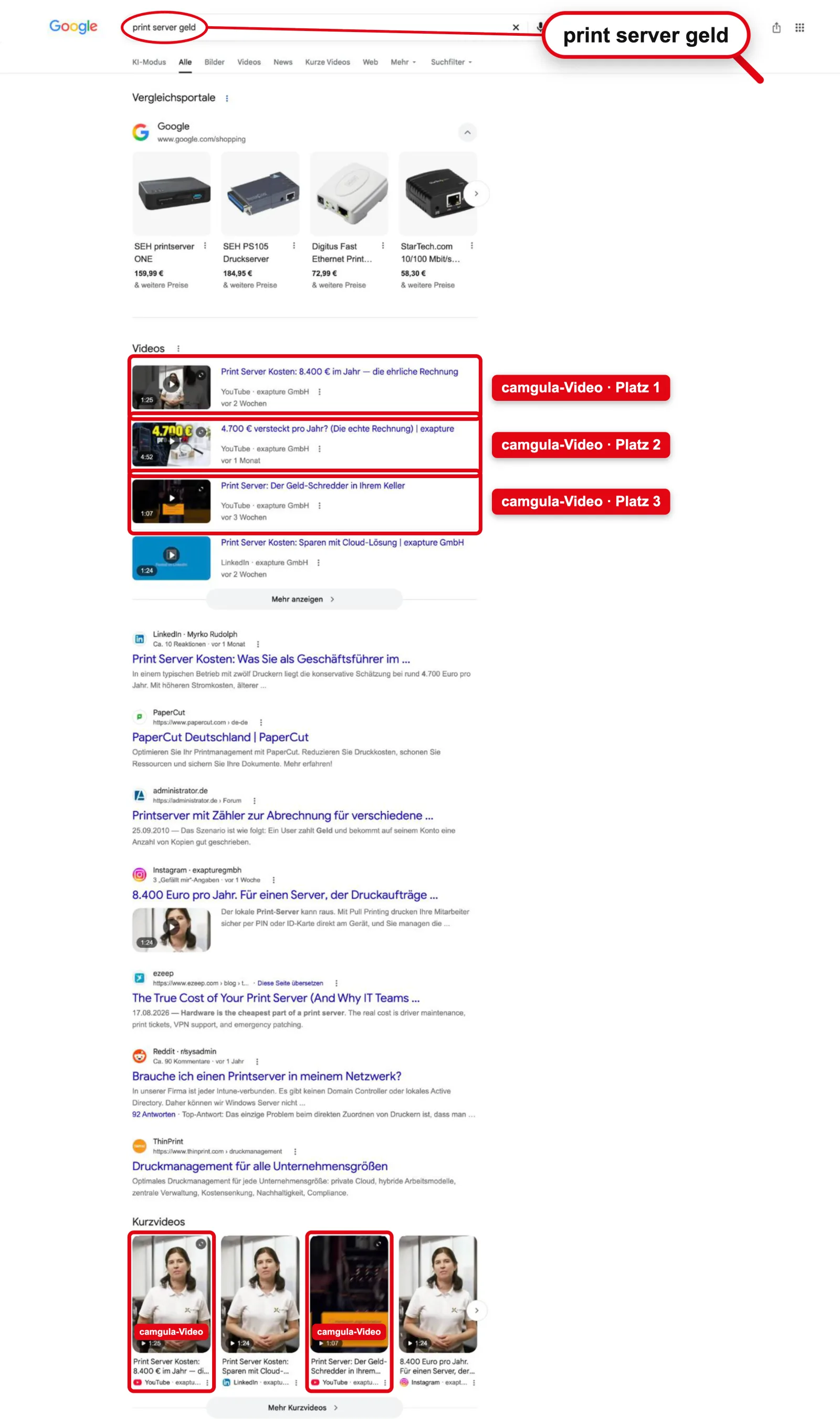 Google search “print server geld”: #1 through #3 in videos