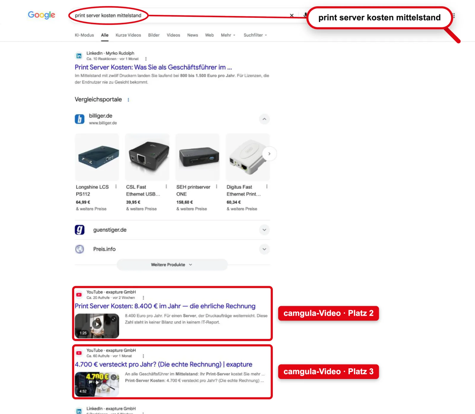 Google search “print server kosten mittelstand”: #1 and #2 in videos