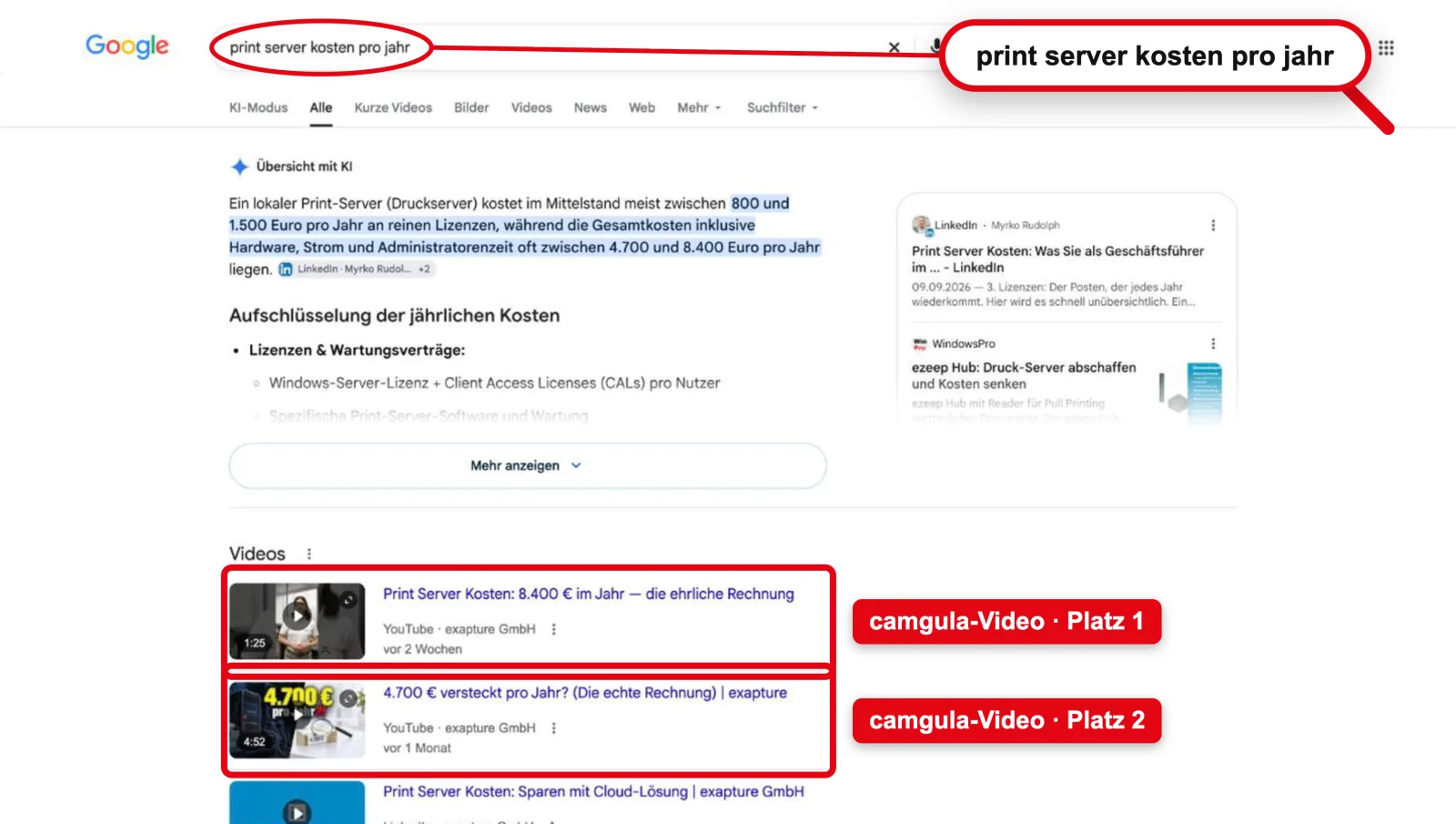 Google search “print server kosten pro jahr”: #1 and #2 in videos