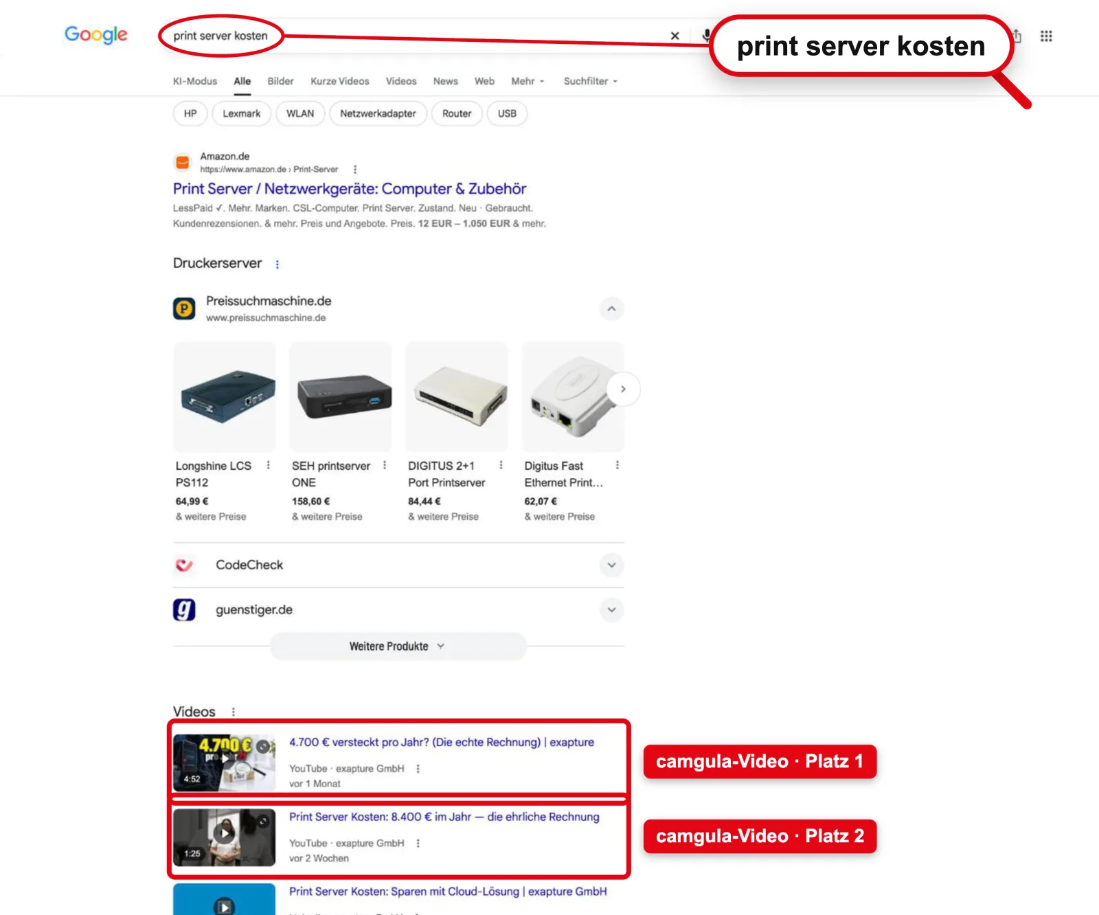 Google search “print server kosten”: #1 and #2 in videos