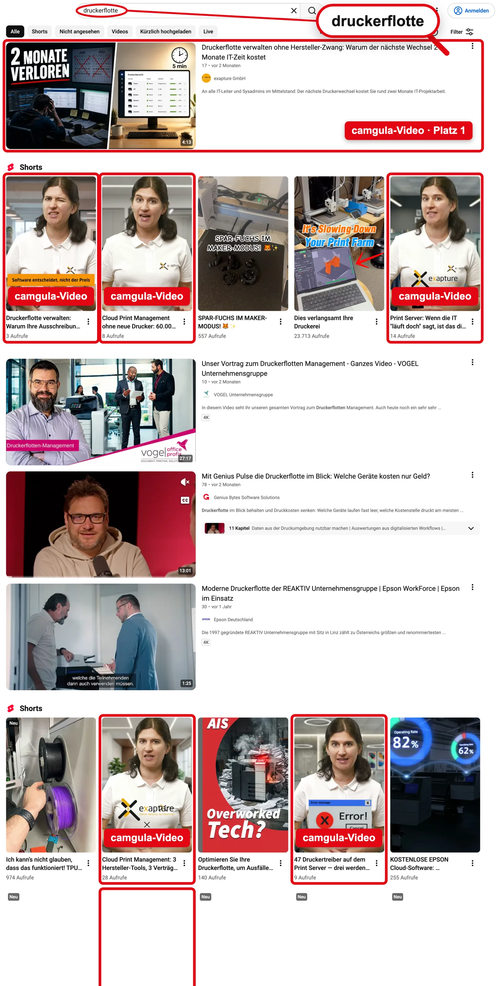 YouTube search “druckerflotte”: #1 plus 6 Shorts
