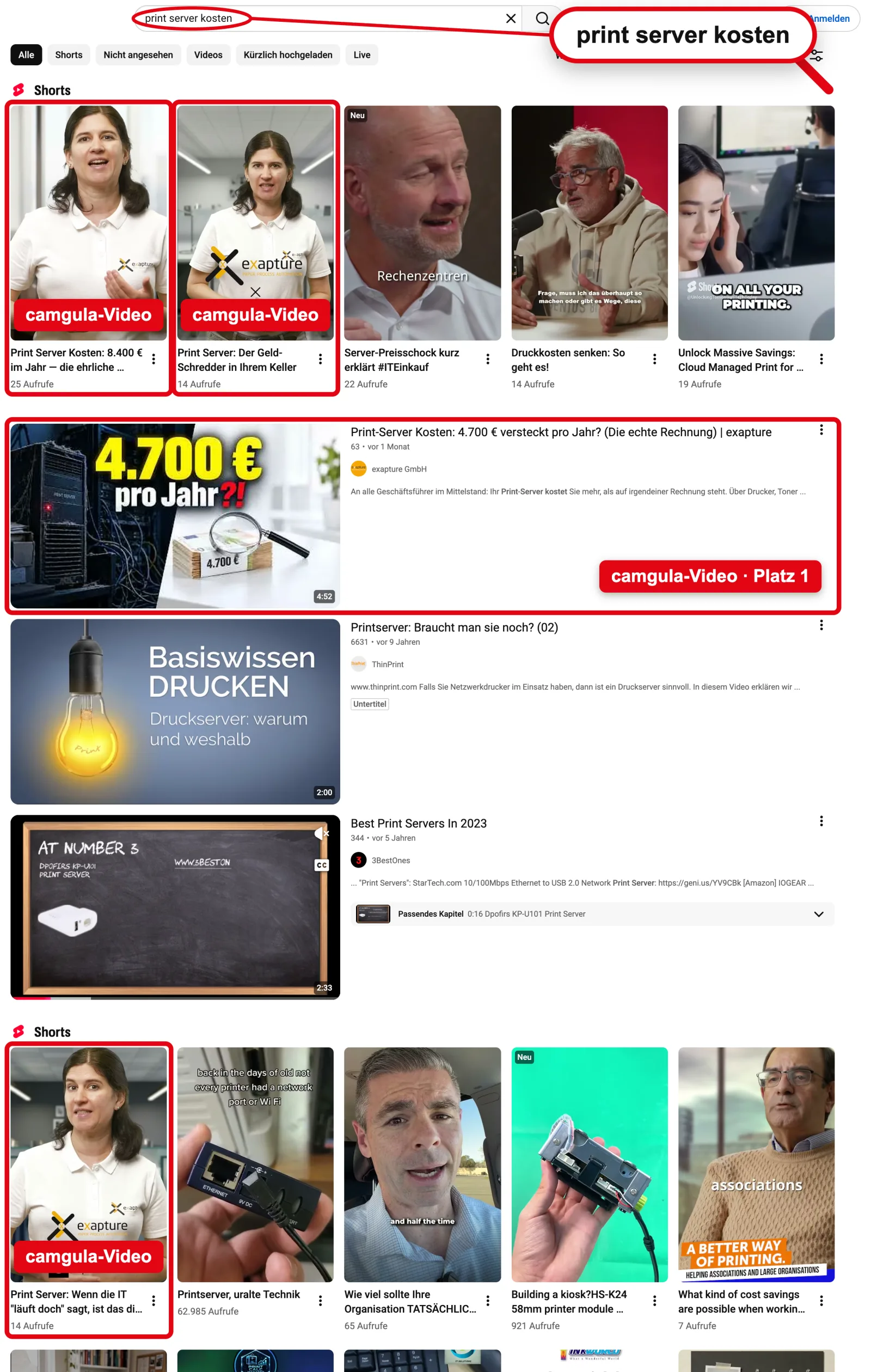 YouTube search “print server kosten”: #1 plus 3 Shorts