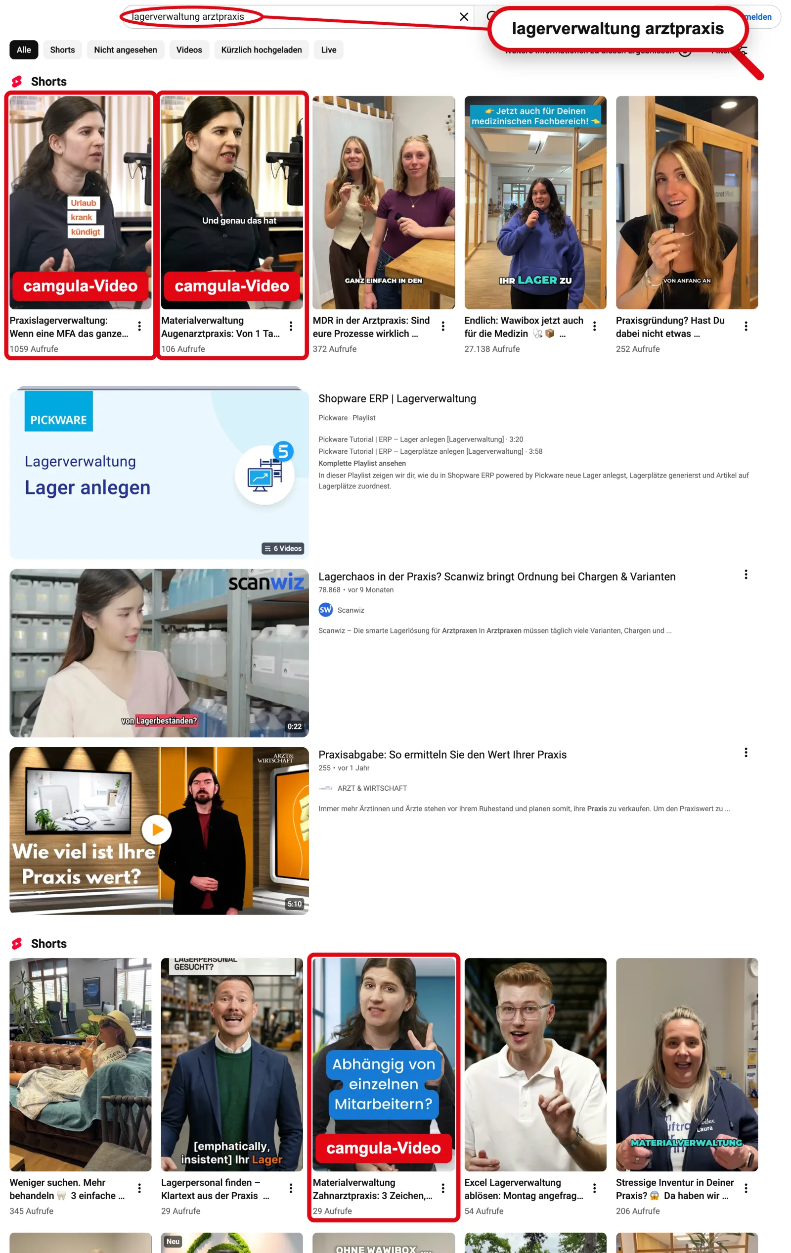 YouTube-Suche „Lagerverwaltung Arztpraxis“