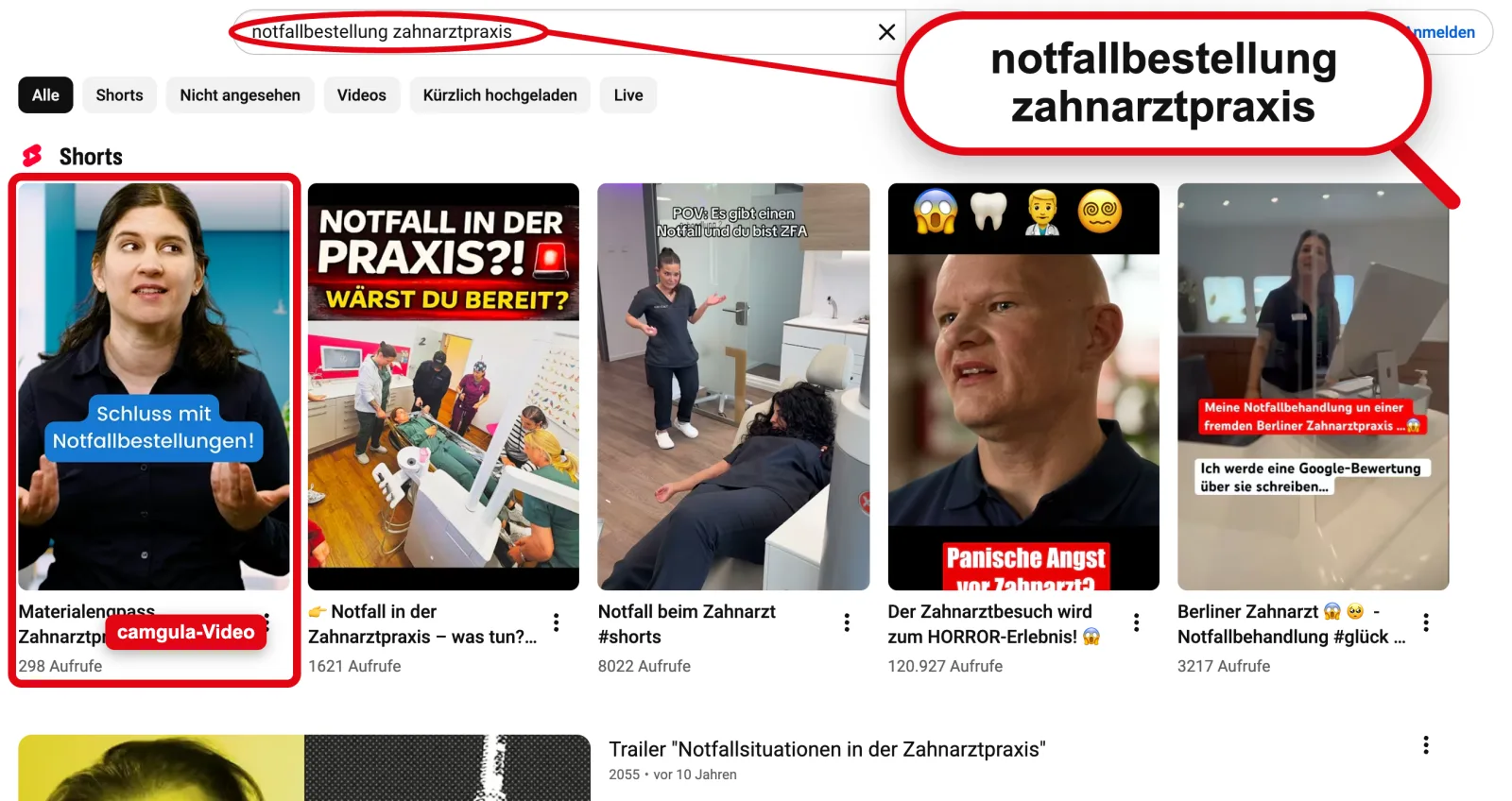 YouTube-Suche „Notfallbestellung Zahnarztpraxis“