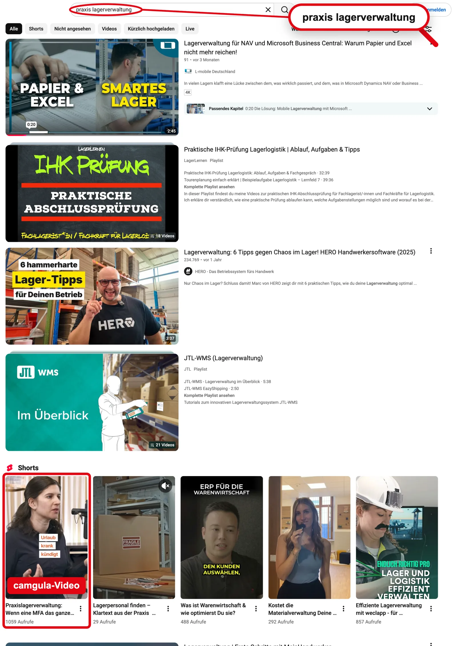 YouTube-Suche „Praxis Lagerverwaltung“